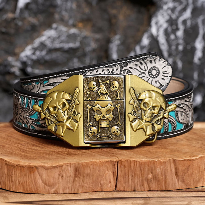 Ceinture en cuir pour homme, à monter soi-même, avec fusils croisés, crâne et briquet dissimulé - Bronze - Ceinture à fleurs grises - 42 - image 7