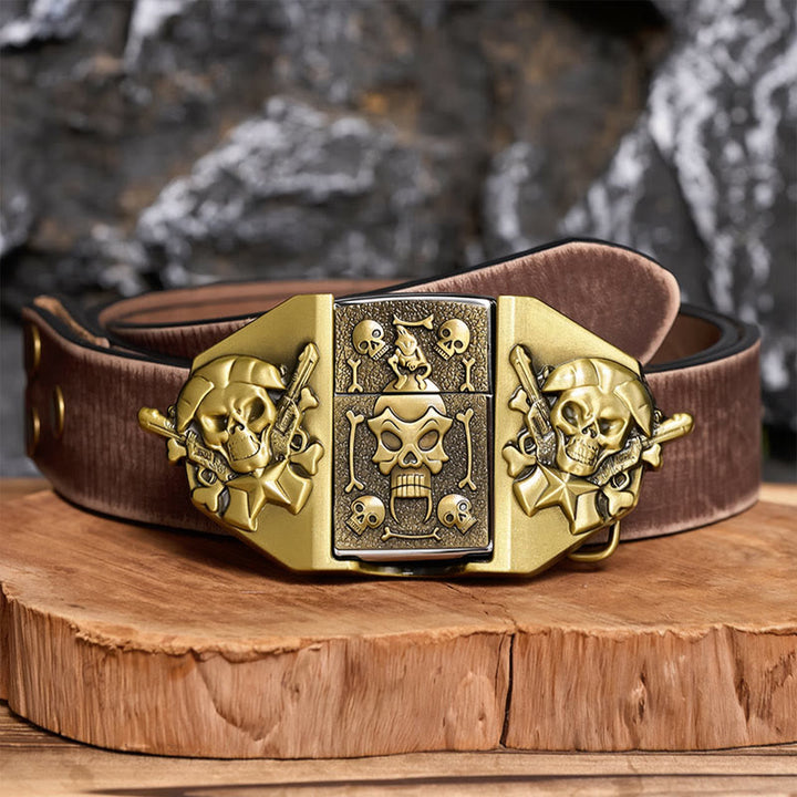 Ceinture en cuir pour homme, à monter soi-même, avec fusils croisés, crâne et briquet dissimulé - Bronze - Ceinture marron vieillie - 42 - image 5
