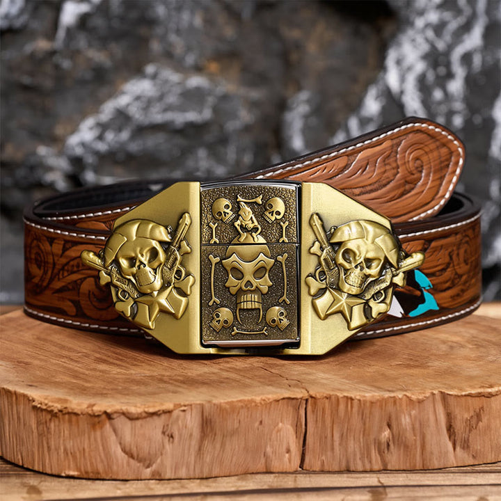 Ceinture en cuir pour homme, à monter soi-même, avec fusils croisés, crâne et briquet dissimulé - Bronze - Ceinture de plumes brunes - 40 - image 6