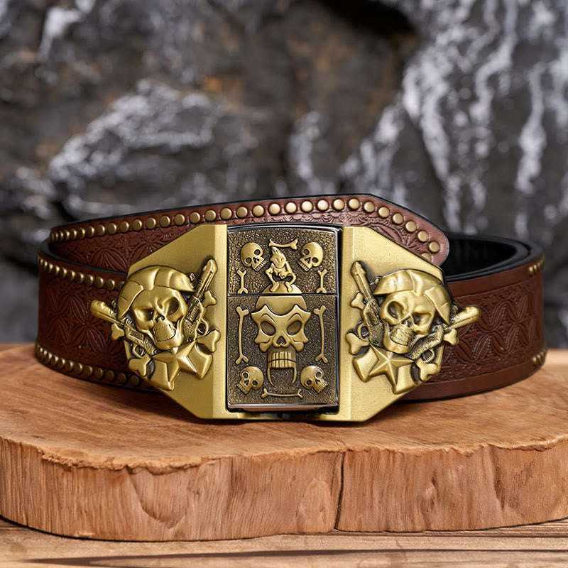 Ceinture en cuir pour homme, à monter soi-même, avec fusils croisés, crâne et briquet dissimulé - Bronze - Ceinture à rivets marron - 42 - image 4