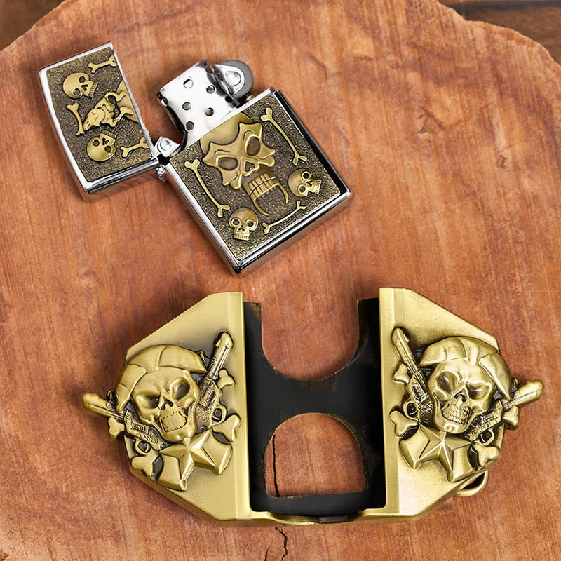 Ceinture en cuir pour homme, à monter soi-même, avec fusils croisés, crâne et briquet dissimulé - image 1