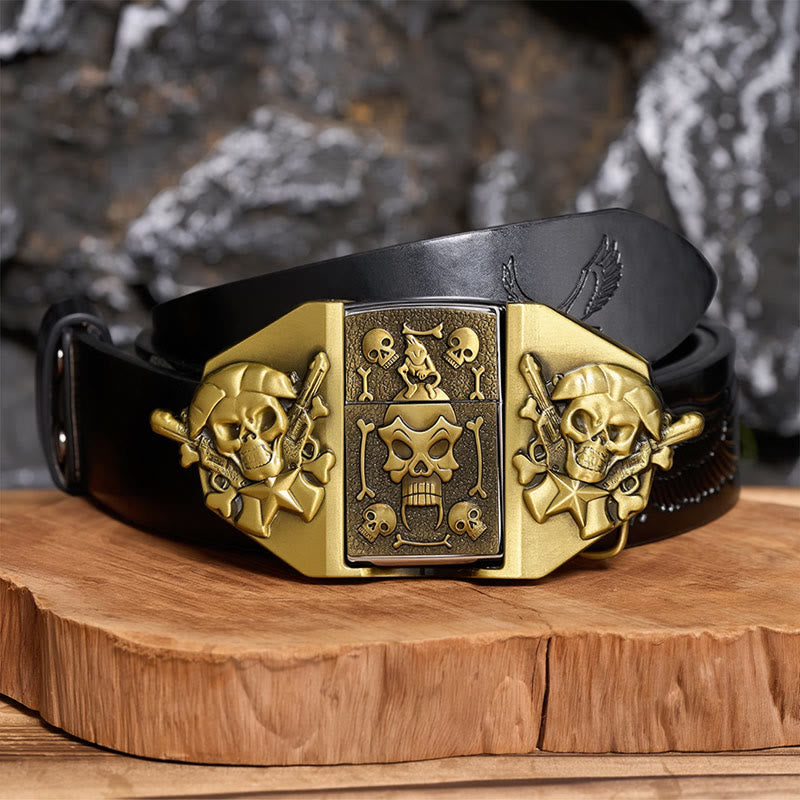 Ceinture en cuir pour homme, à monter soi-même, avec fusils croisés, crâne et briquet dissimulé - Bronze - Ceinture noire à motif aigle en relief - 42 - image 2