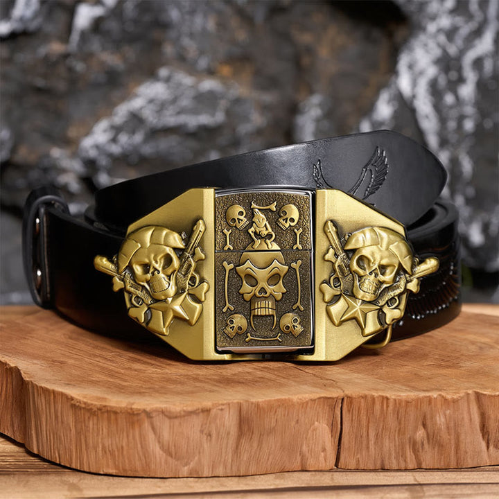 Ceinture en cuir pour homme, à monter soi-même, avec fusils croisés, crâne et briquet dissimulé - Bronze - Ceinture noire à motif aigle en relief - 42 - image 2