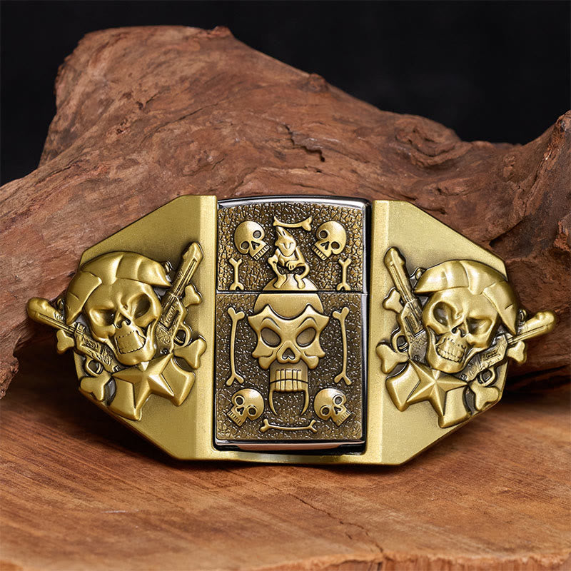 Ceinture en cuir pour homme, à monter soi-même, avec fusils croisés, crâne et briquet dissimulé - Bronze - Sans ceinture - Ceinture non incluse - image 0