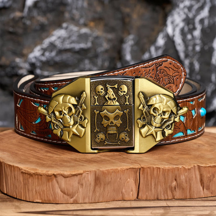 Ceinture en cuir pour homme, à monter soi-même, avec fusils croisés, crâne et briquet dissimulé - Bronze - Ceinture turquoise sculptée - 42 - image 3