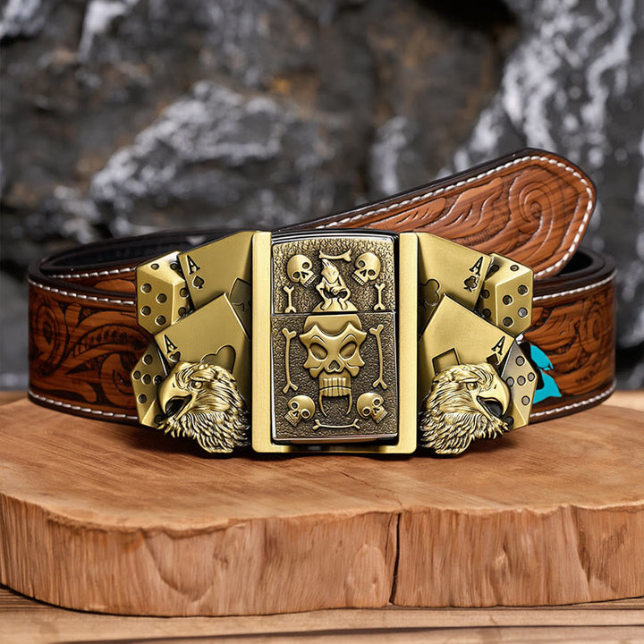 Ceinture en cuir pour homme, motif crâne et aigle, à personnaliser soi-même, avec briquet dissimulé - Bronze - Ceinture de plumes brunes - 40 - image 6