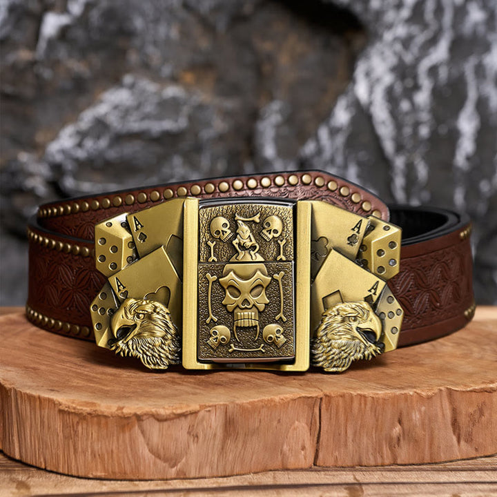 Ceinture en cuir pour homme, motif crâne et aigle, à personnaliser soi-même, avec briquet dissimulé - Bronze - Ceinture à rivets marron - 42 - image 4