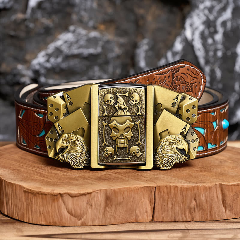 Ceinture en cuir pour homme, motif crâne et aigle, à personnaliser soi-même, avec briquet dissimulé - Bronze - Ceinture turquoise sculptée - 42 - image 3