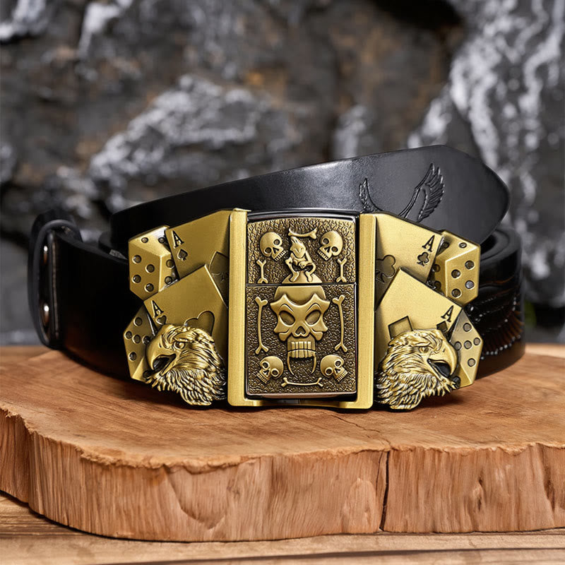 Ceinture en cuir pour homme, motif crâne et aigle, à personnaliser soi-même, avec briquet dissimulé - Bronze - Ceinture noire à motif aigle en relief - 42 - image 2