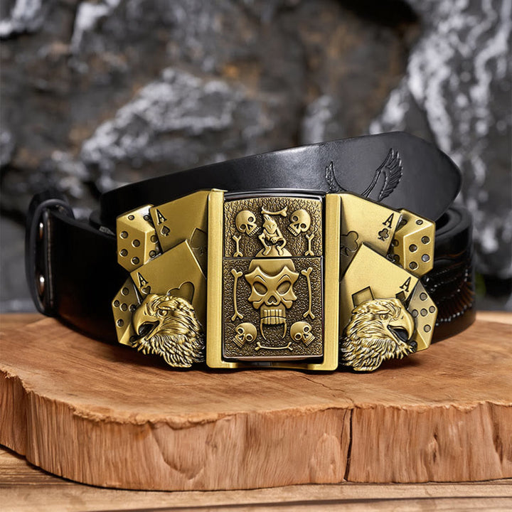 Ceinture en cuir pour homme, motif crâne et aigle, à personnaliser soi-même, avec briquet dissimulé - Bronze - Ceinture noire à motif aigle en relief - 42 - image 2