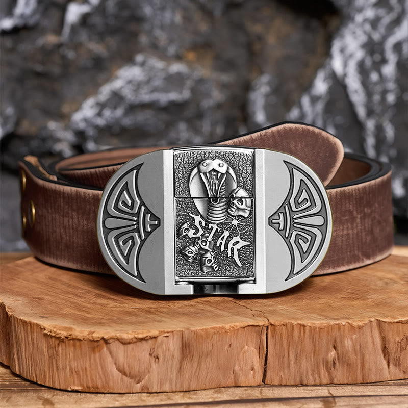 Ceinture en cuir pour homme, motif crâne de cobra gothique à monter soi-même, avec briquet dissimulé - Argent - Ceinture marron vieillie - 42 - image 13