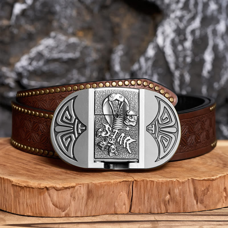 Ceinture en cuir pour homme, motif crâne de cobra gothique à monter soi-même, avec briquet dissimulé - Argent - Ceinture à rivets marron - 42 - image 12