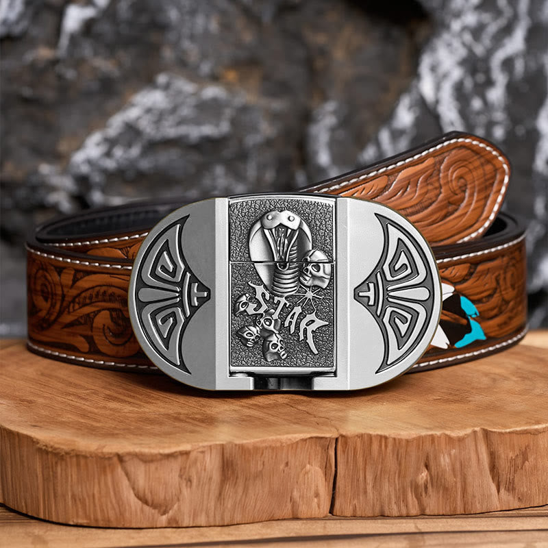 Ceinture en cuir pour homme, motif crâne de cobra gothique à monter soi-même, avec briquet dissimulé - Argent - Ceinture de plumes brunes - 40 - image 14