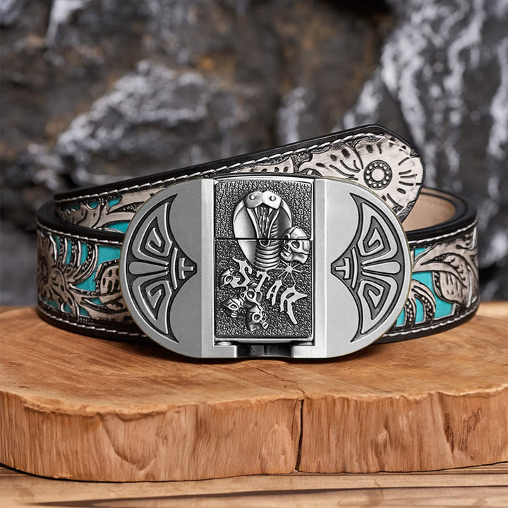 Ceinture en cuir pour homme, motif crâne de cobra gothique à monter soi-même, avec briquet dissimulé - Argent - Ceinture à fleurs grises - 42 - image 15