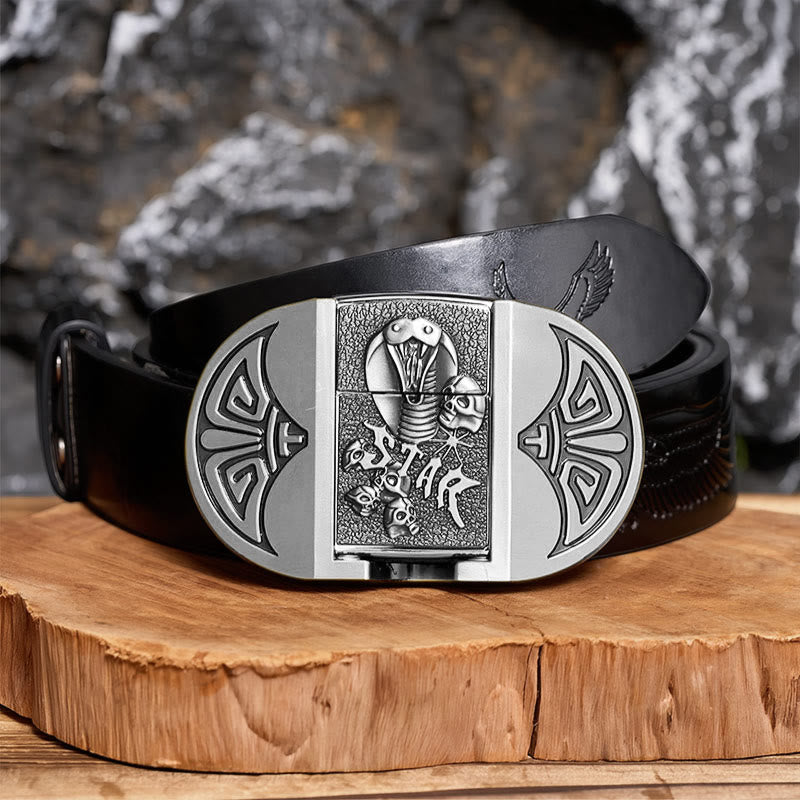 Ceinture en cuir pour homme, motif crâne de cobra gothique à monter soi-même, avec briquet dissimulé - Argent - Ceinture noire à motif aigle en relief - 42 - image 10