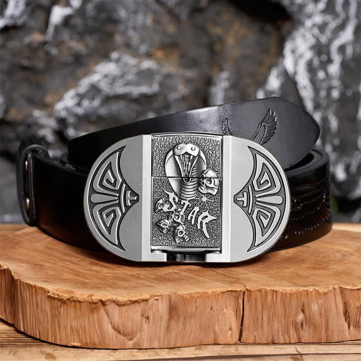 Ceinture en cuir pour homme, motif crâne de cobra gothique à monter soi-même, avec briquet dissimulé - Argent - Ceinture noire à motif aigle en relief - 42 - image 10