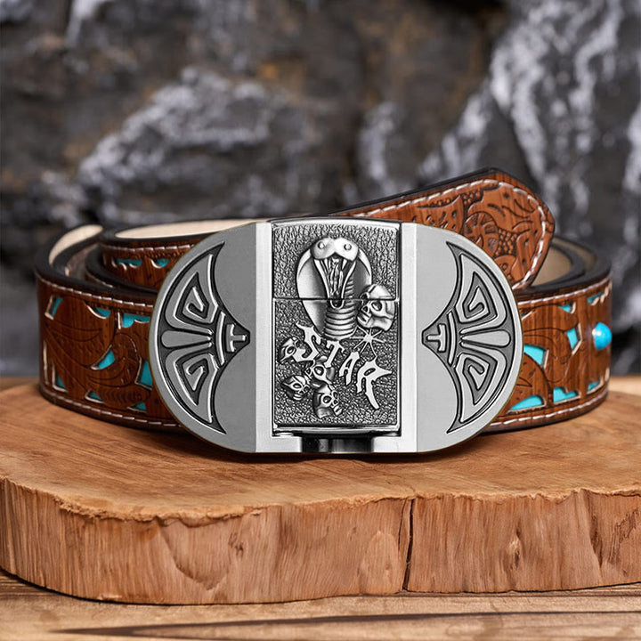 Ceinture en cuir pour homme, motif crâne de cobra gothique à monter soi-même, avec briquet dissimulé - Argent - Ceinture turquoise sculptée - 42 - image 11