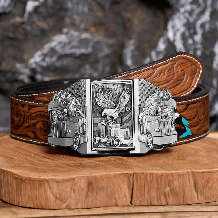 Ceinture en cuir pour homme, motif aigle américain et camion, avec briquet dissimulé (à monter soi-même) - Argent - Ceinture de plumes brunes - 40 - image 14