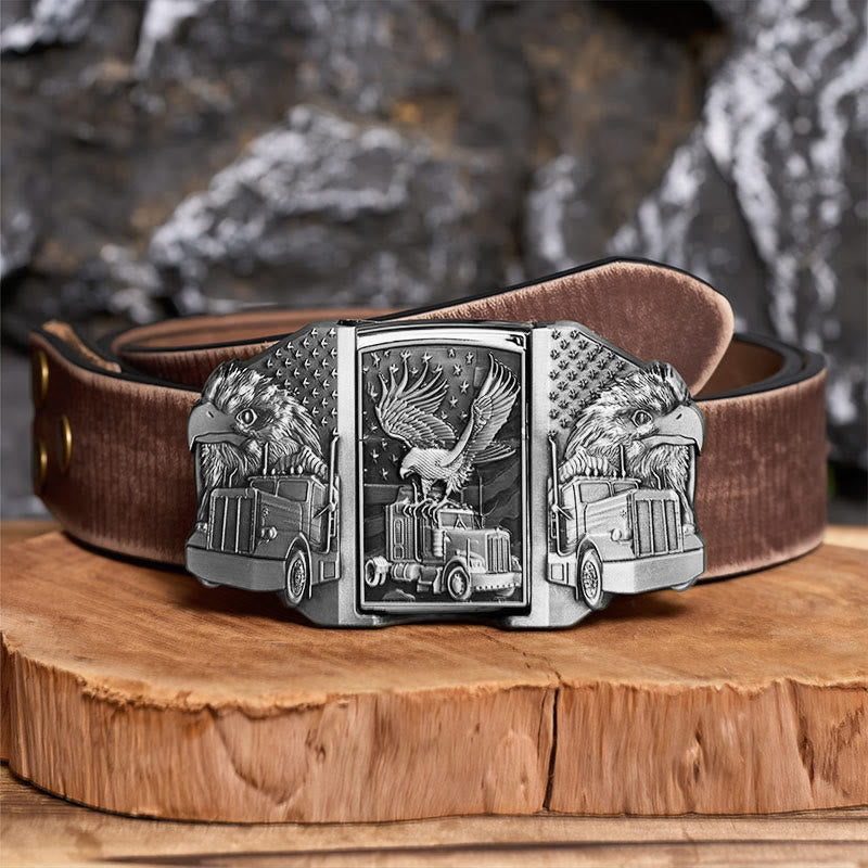Ceinture en cuir pour homme, motif aigle américain et camion, avec briquet dissimulé (à monter soi-même) - Argent - Ceinture marron vieillie - 42 - image 13