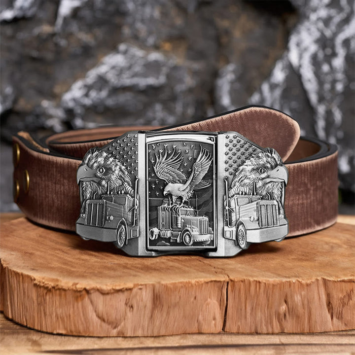 Ceinture en cuir pour homme, motif aigle américain et camion, avec briquet dissimulé (à monter soi-même) - Argent - Ceinture marron vieillie - 42 - image 13