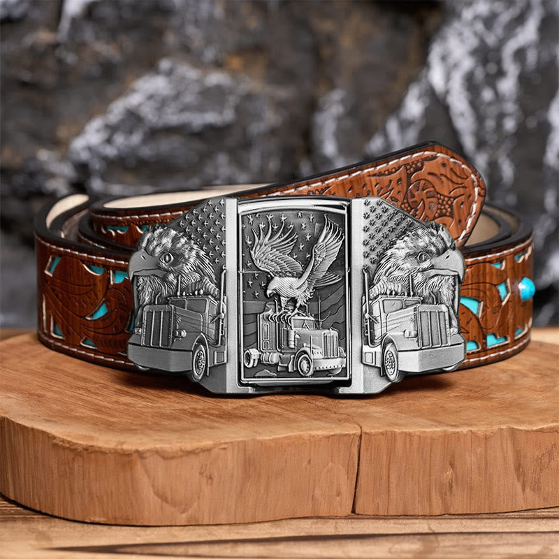 Ceinture en cuir pour homme, motif aigle américain et camion, avec briquet dissimulé (à monter soi-même) - Argent - Ceinture turquoise sculptée - 42 - image 11