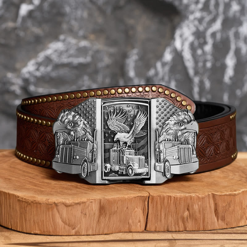Ceinture en cuir pour homme, motif aigle américain et camion, avec briquet dissimulé (à monter soi-même) - Argent - Ceinture à rivets marron - 42 - image 12