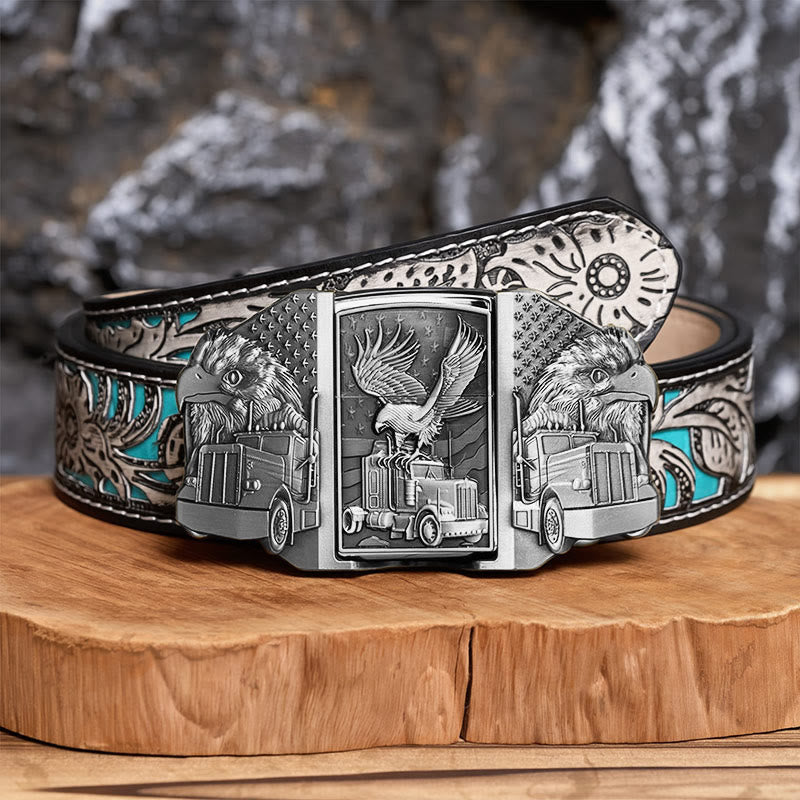 Ceinture en cuir pour homme, motif aigle américain et camion, avec briquet dissimulé (à monter soi-même) - Argent - Ceinture à fleurs grises - 42 - image 15