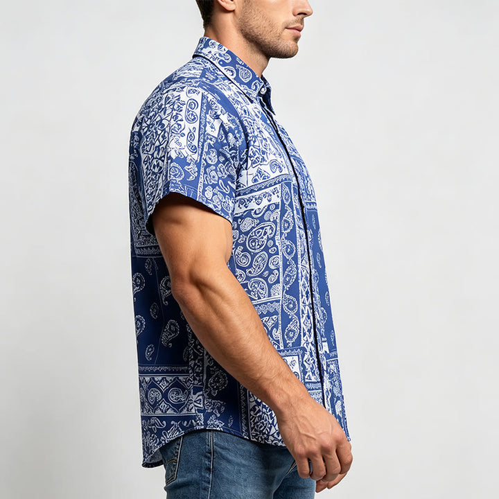 Chemise à manches courtes pour homme, style classique, bleu marine, imprimé patchwork cachemire - image 2