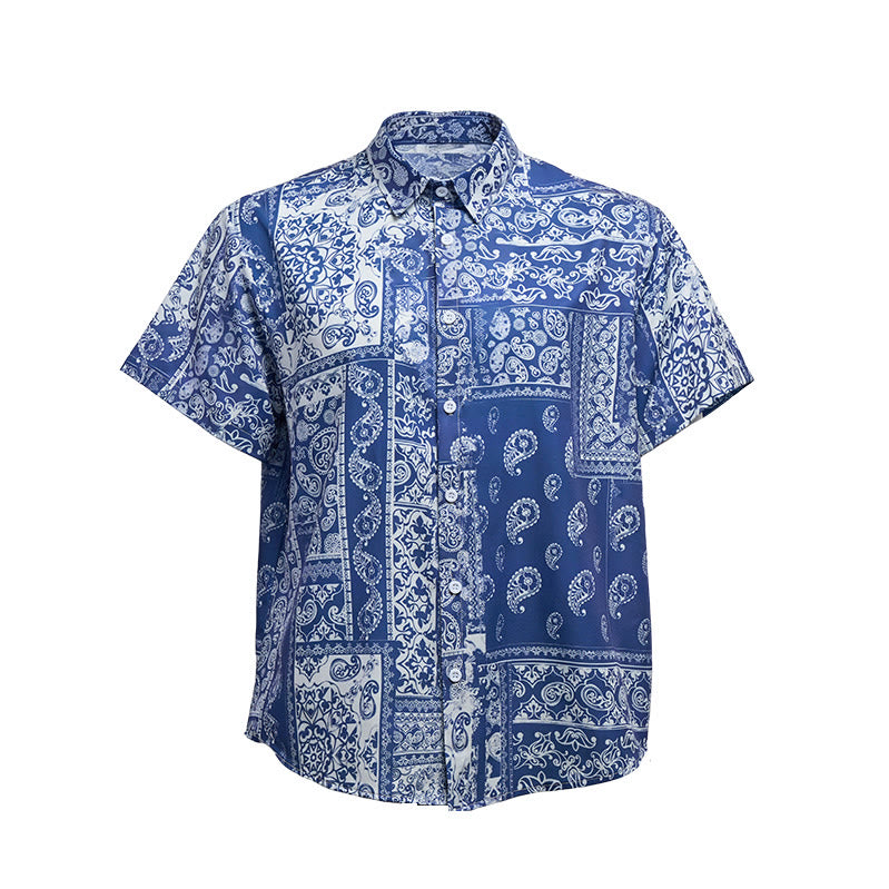 Chemise à manches courtes pour homme, style classique, bleu marine, imprimé patchwork cachemire - image 9