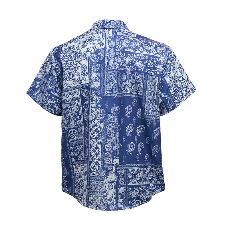 Chemise à manches courtes pour homme, style classique, bleu marine, imprimé patchwork cachemire - image 10