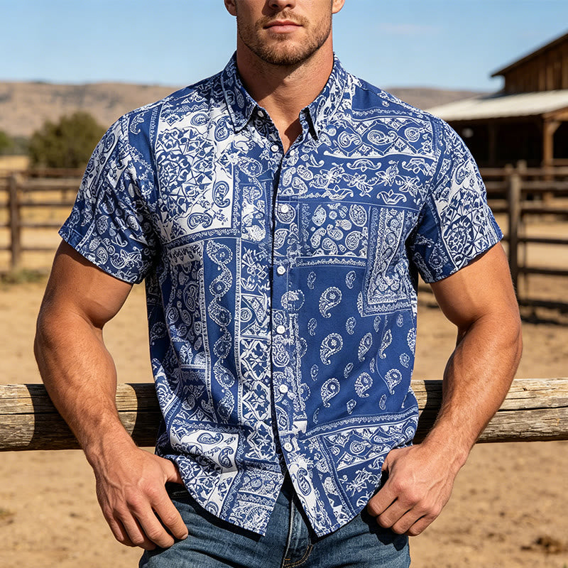 Chemise à manches courtes pour homme, style classique, bleu marine, imprimé patchwork cachemire - Marine - 5XL - image 0