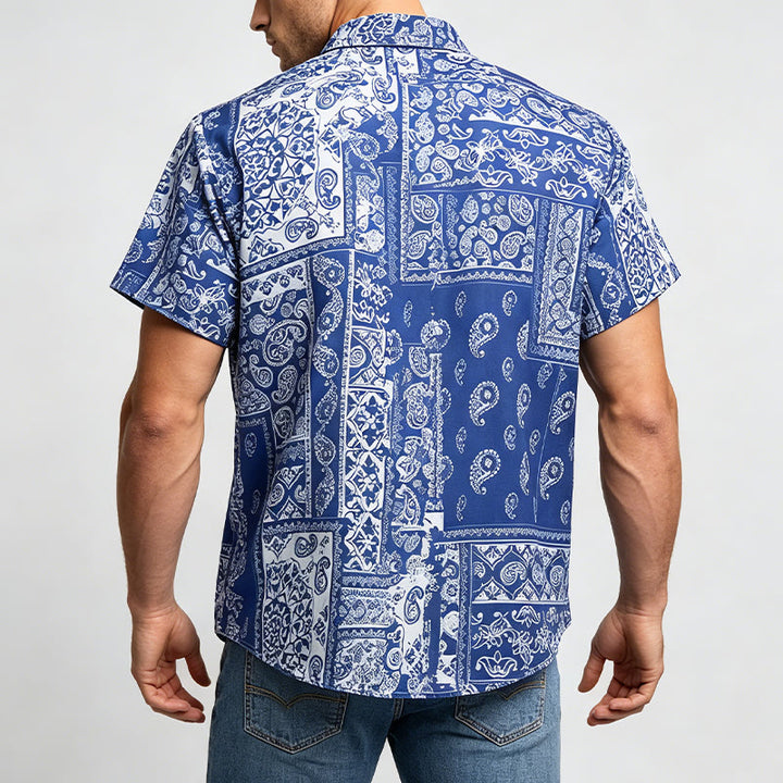Chemise à manches courtes pour homme, style classique, bleu marine, imprimé patchwork cachemire - image 3