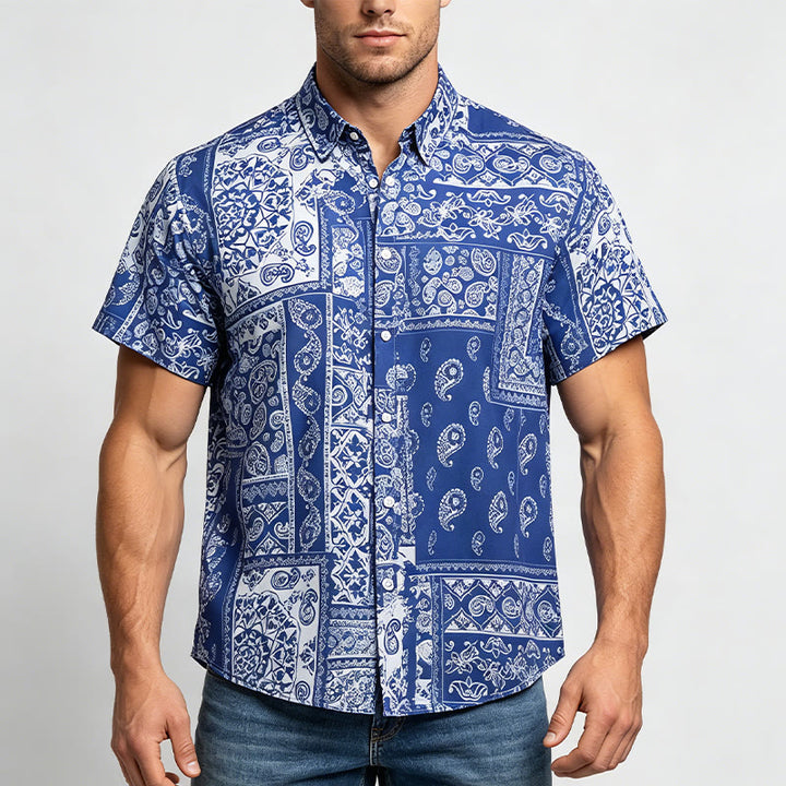 Chemise à manches courtes pour homme, style classique, bleu marine, imprimé patchwork cachemire - image 1