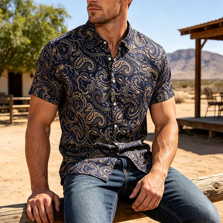 Chemise habillée pour homme, brillante et luxueuse, à motif cachemire vintage - Bleu nuit - 3XL - image 5