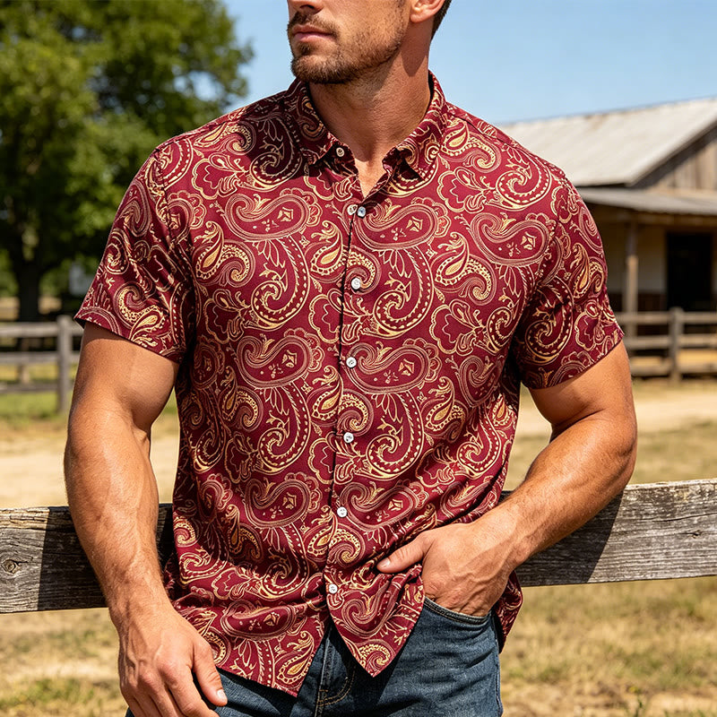 Chemise habillée pour homme, brillante et luxueuse, à motif cachemire vintage - Bourgogne - 3XL - image 0