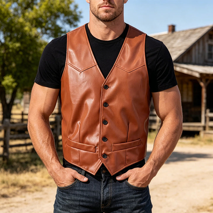Gilet de costume en cuir pour homme, style western intemporel - Brun - 5XL - image 4