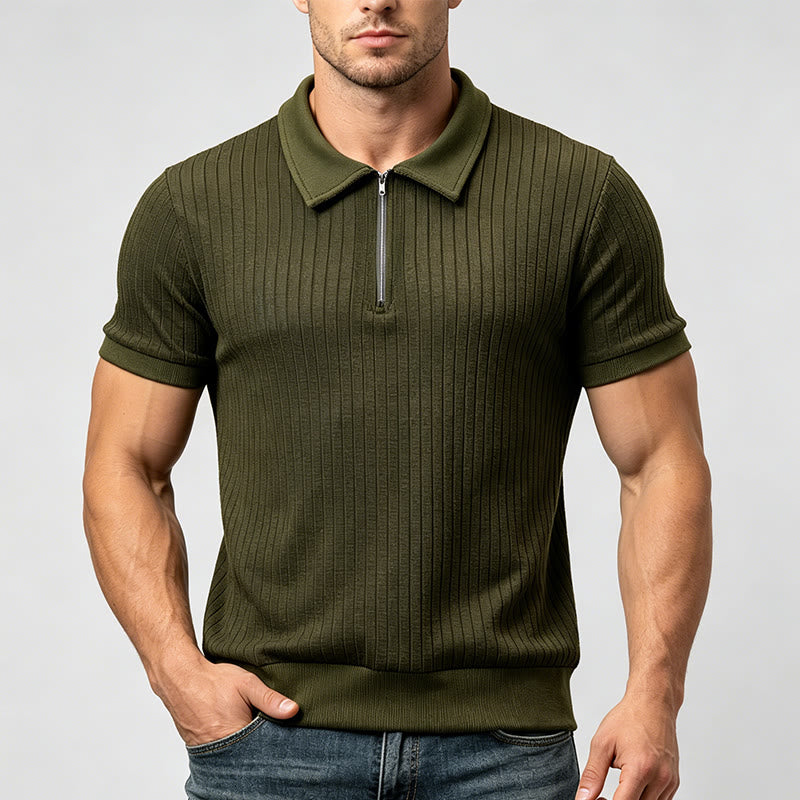 Polo homme en maille côtelée verticale avec col zippé - image 1