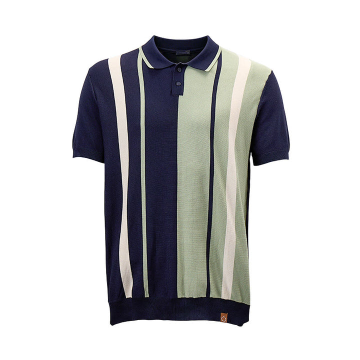 Polo homme rétro à rayures color-block bleu marine et sauge - image 9