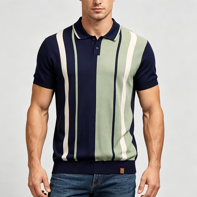 Polo homme rétro à rayures color-block bleu marine et sauge - image 1