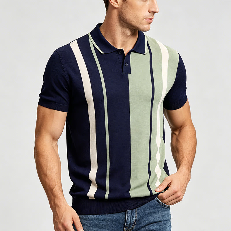 Polo homme rétro à rayures color-block bleu marine et sauge - image 2