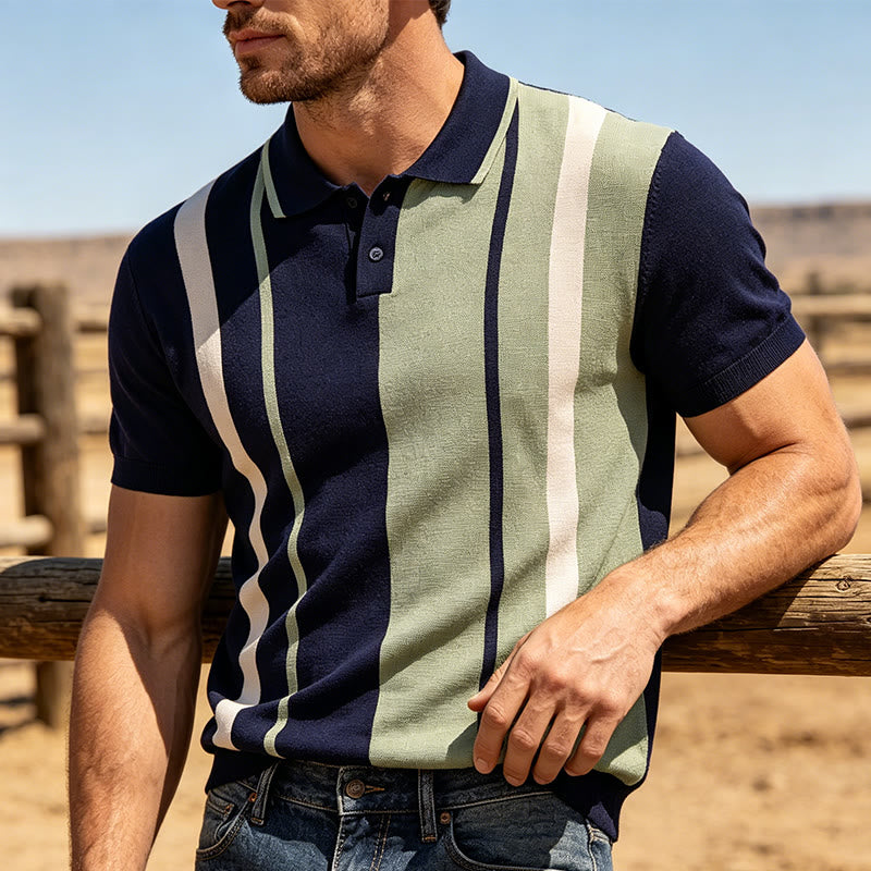 Polo homme rétro à rayures color-block bleu marine et sauge - Marine et sauge - 2XL - image 0
