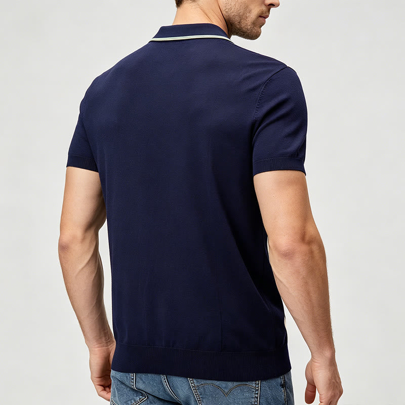 Polo homme rétro à rayures color-block bleu marine et sauge - image 3