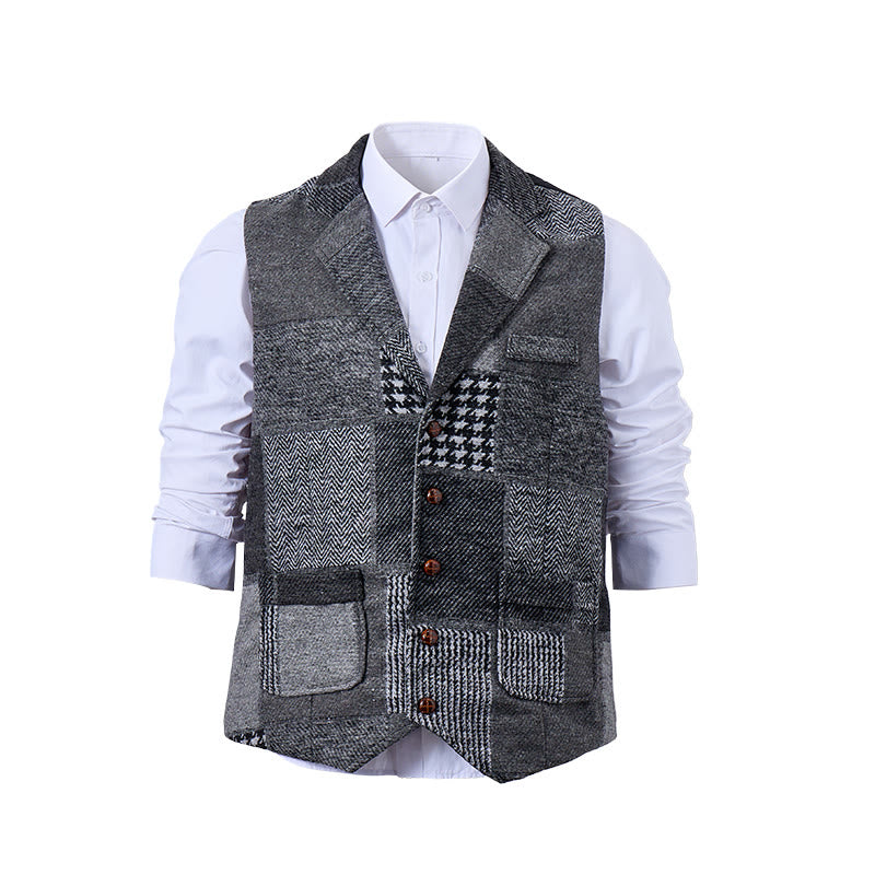 Gilet de costume gris patchwork à chevrons et pied-de-poule pour homme - image 8