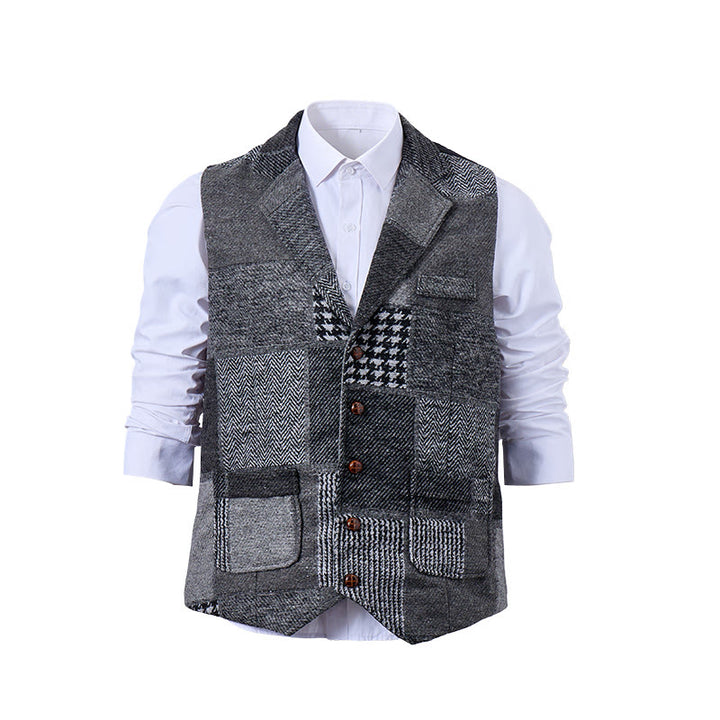 Gilet de costume gris patchwork à chevrons et pied-de-poule pour homme - image 8