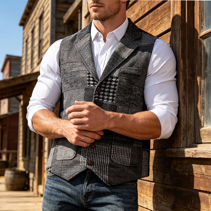 Gilet de costume gris patchwork à chevrons et pied-de-poule pour homme - Gris - 2XL - image 0