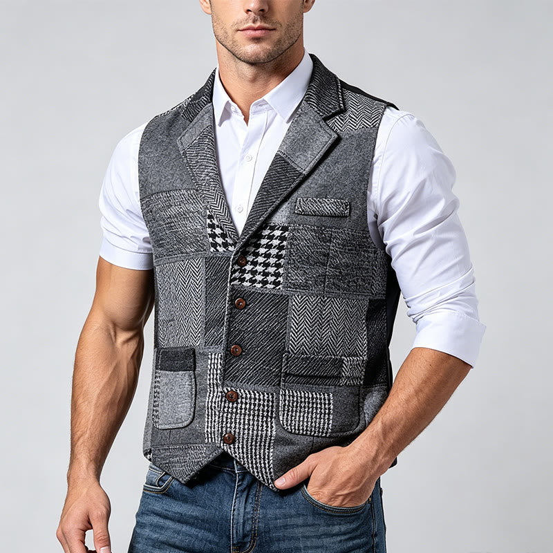 Gilet de costume gris patchwork à chevrons et pied-de-poule pour homme - image 1