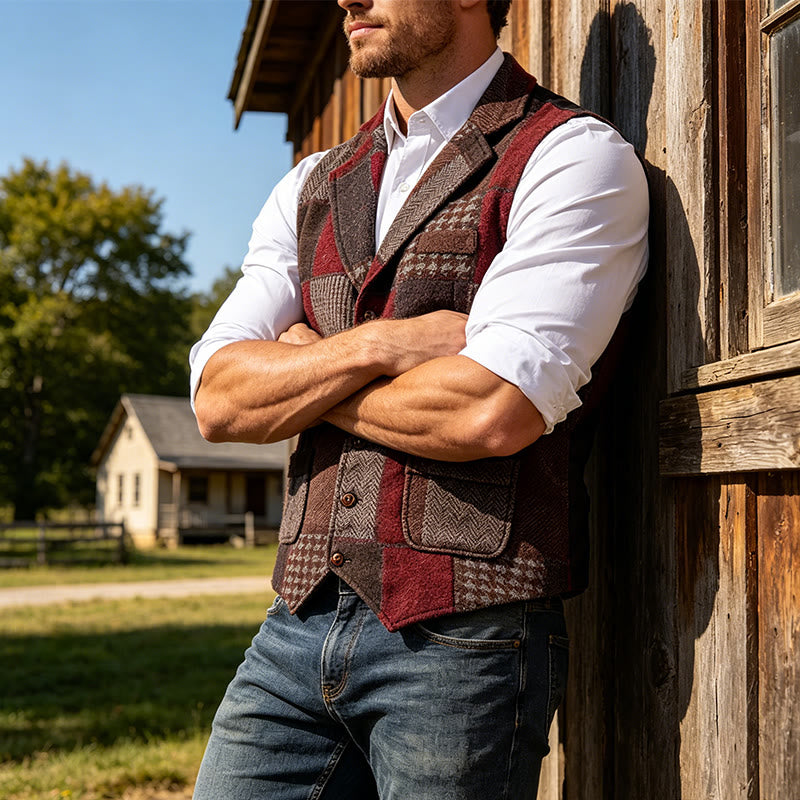 Gilet de costume homme à motifs chevrons patchwork aux tons chauds - Bourgogne - 2XL - image 12