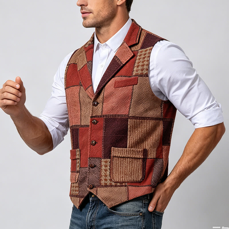 Gilet de costume homme à motifs chevrons patchwork aux tons chauds - image 3