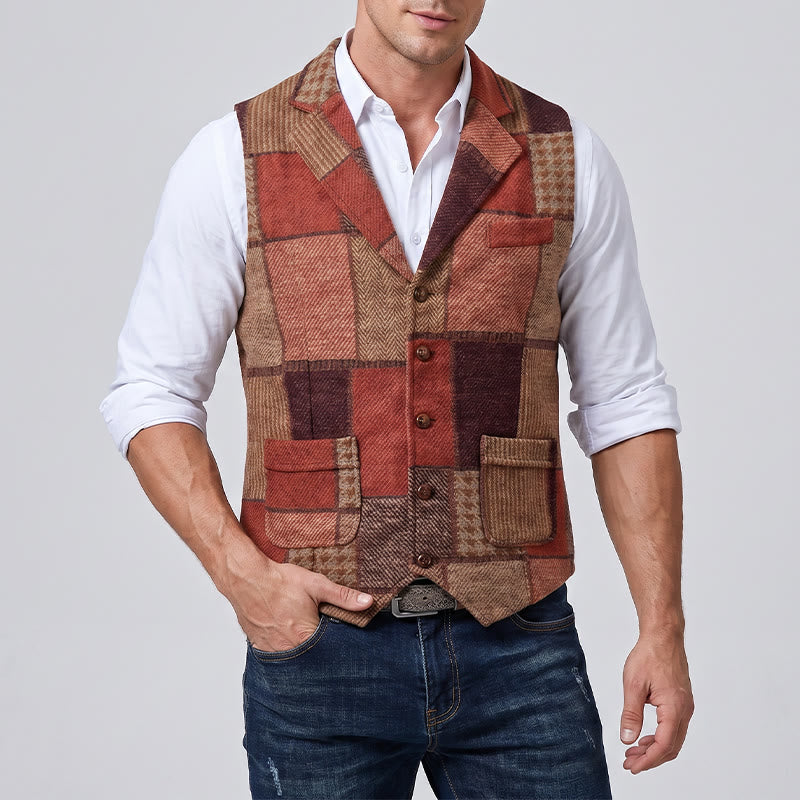 Gilet de costume homme à motifs chevrons patchwork aux tons chauds - image 2