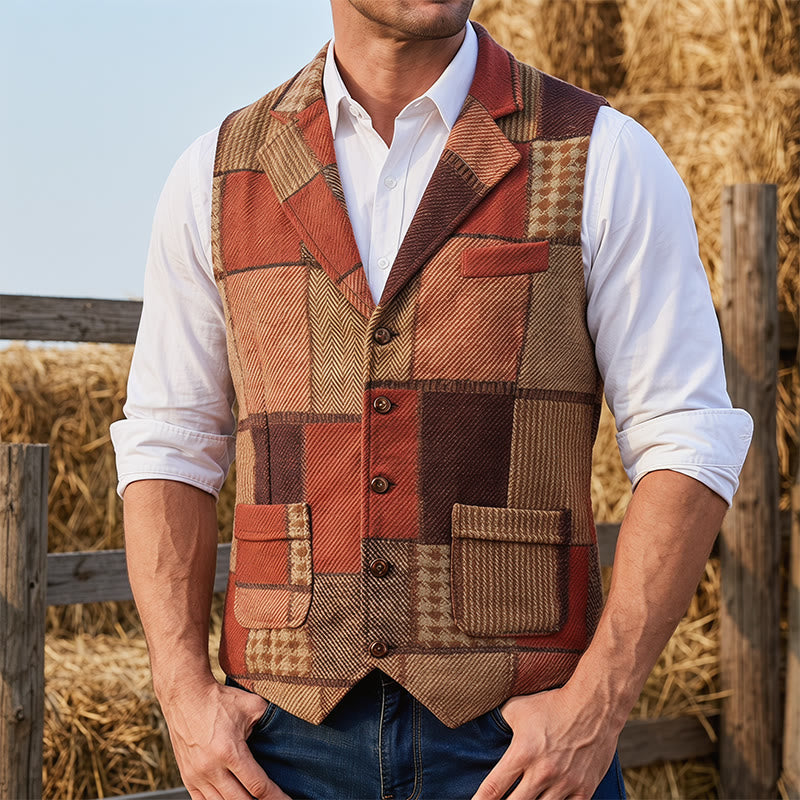 Gilet de costume homme à motifs chevrons patchwork aux tons chauds - Orange - 2XL - image 1